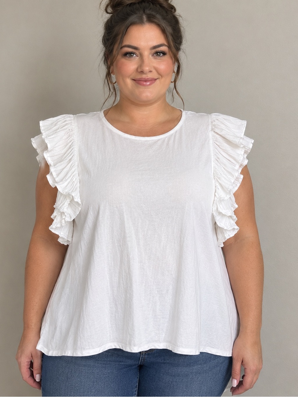 Kaari Blue Cool Romance White Pleated Ruffle Flutter Sleeve Top Women’s Large